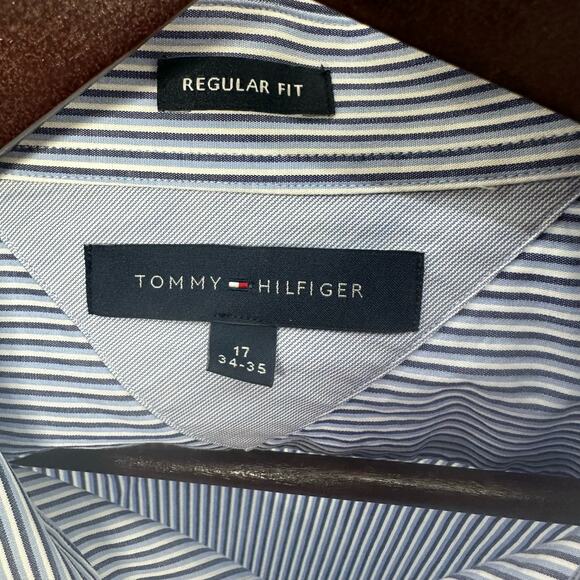 Tommy Hilfiger Mens Dress Shirt Regular Fit Blue Stripes 17 34/35 Business Work - Picture 1 of 5